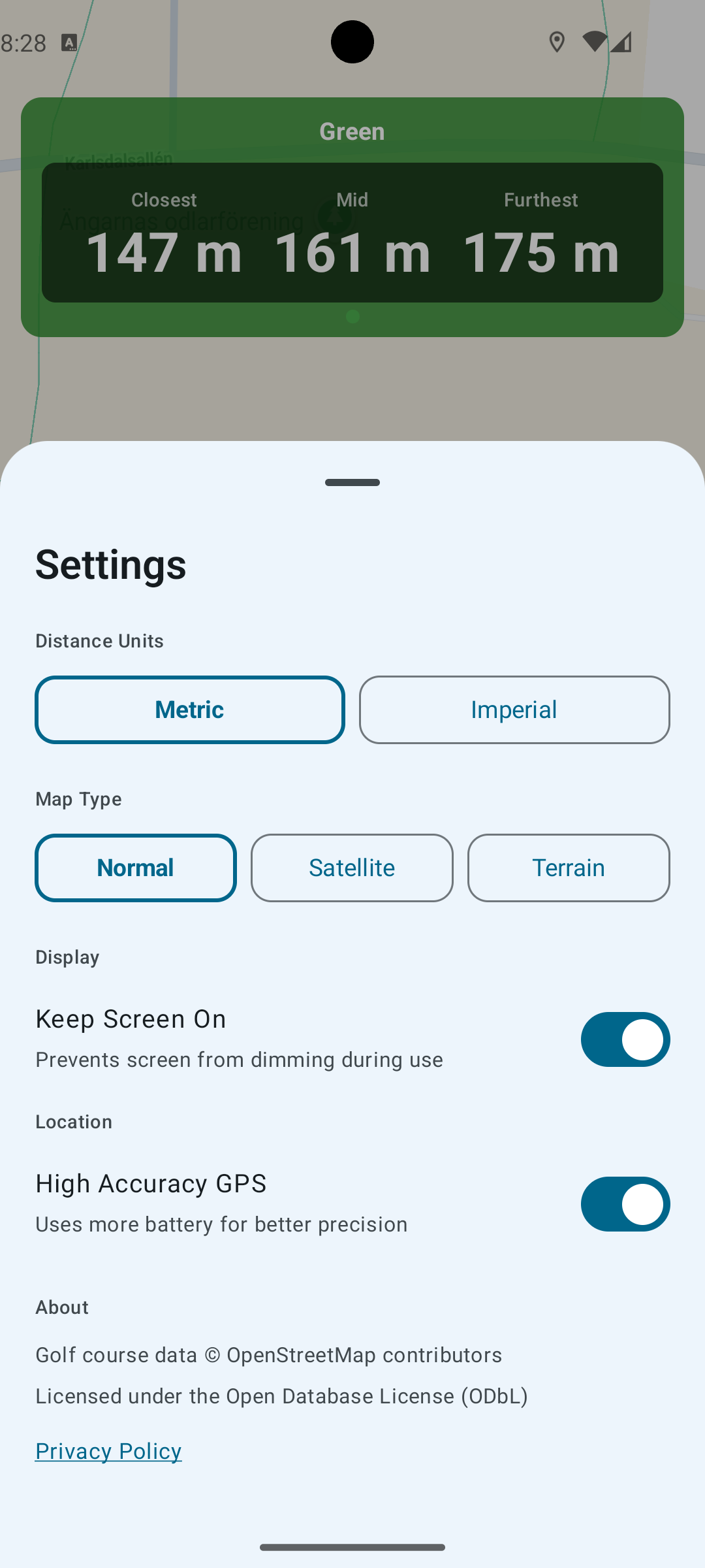 ShotRange settings panel showing distance units, map type, and GPS options